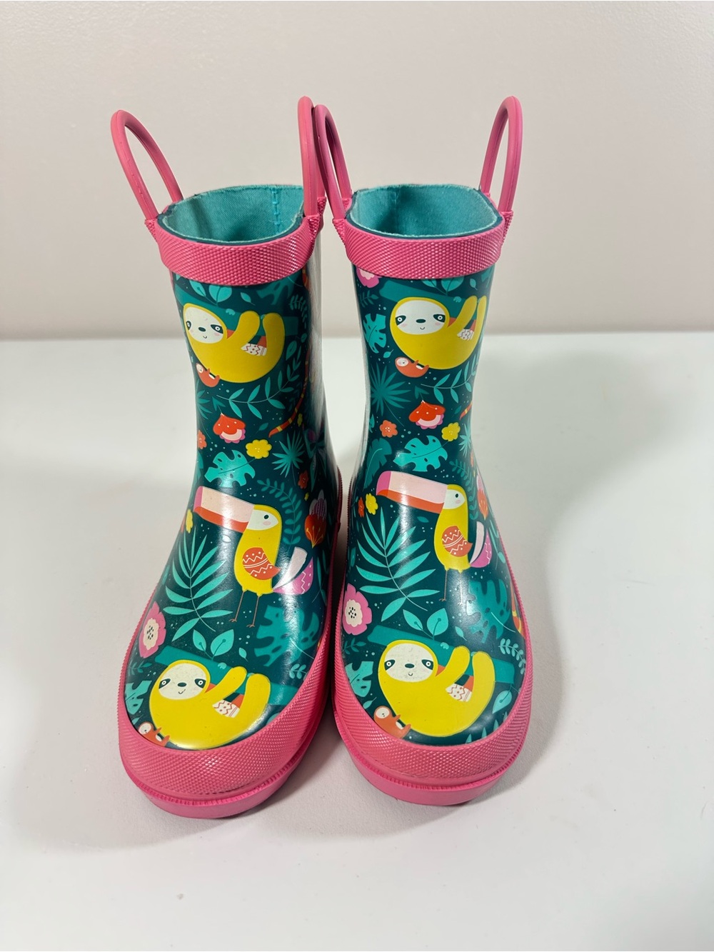 NWOB Lily & Dan Kids Rain Boots 11/12 Green Pink Sloth Print Rubber Waterproof - Picture 2 of 10